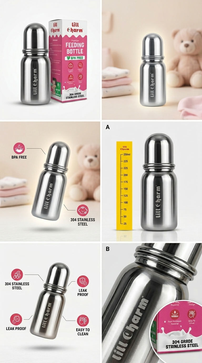 Stainless Steel Feeding Bottle with Measuring Scale Combo | BPA-Free 304 Grade Steel | Leak-Proof & Safe